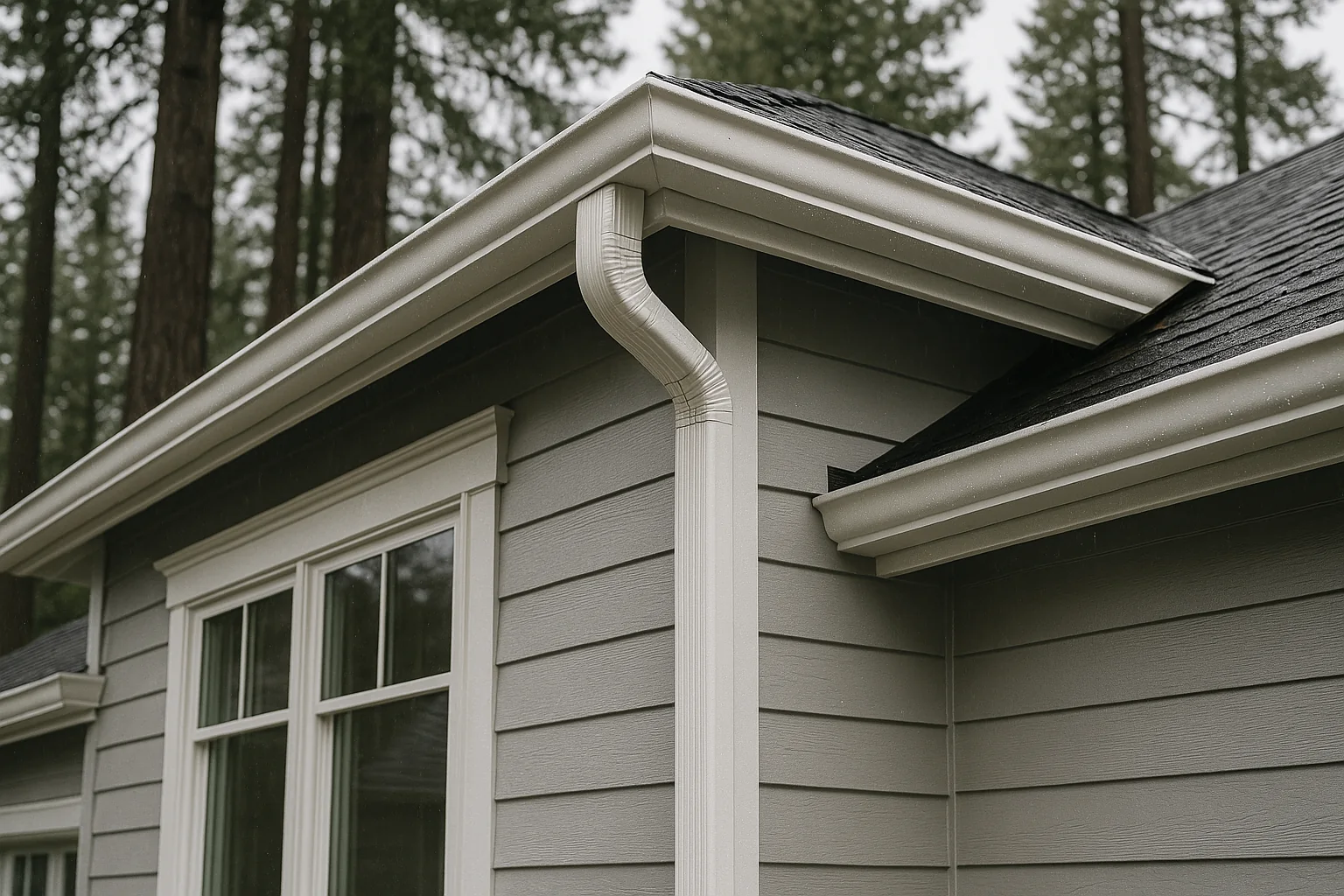 Seamless gutters on a Lake Oswego home beneath a fir canopy in the rain