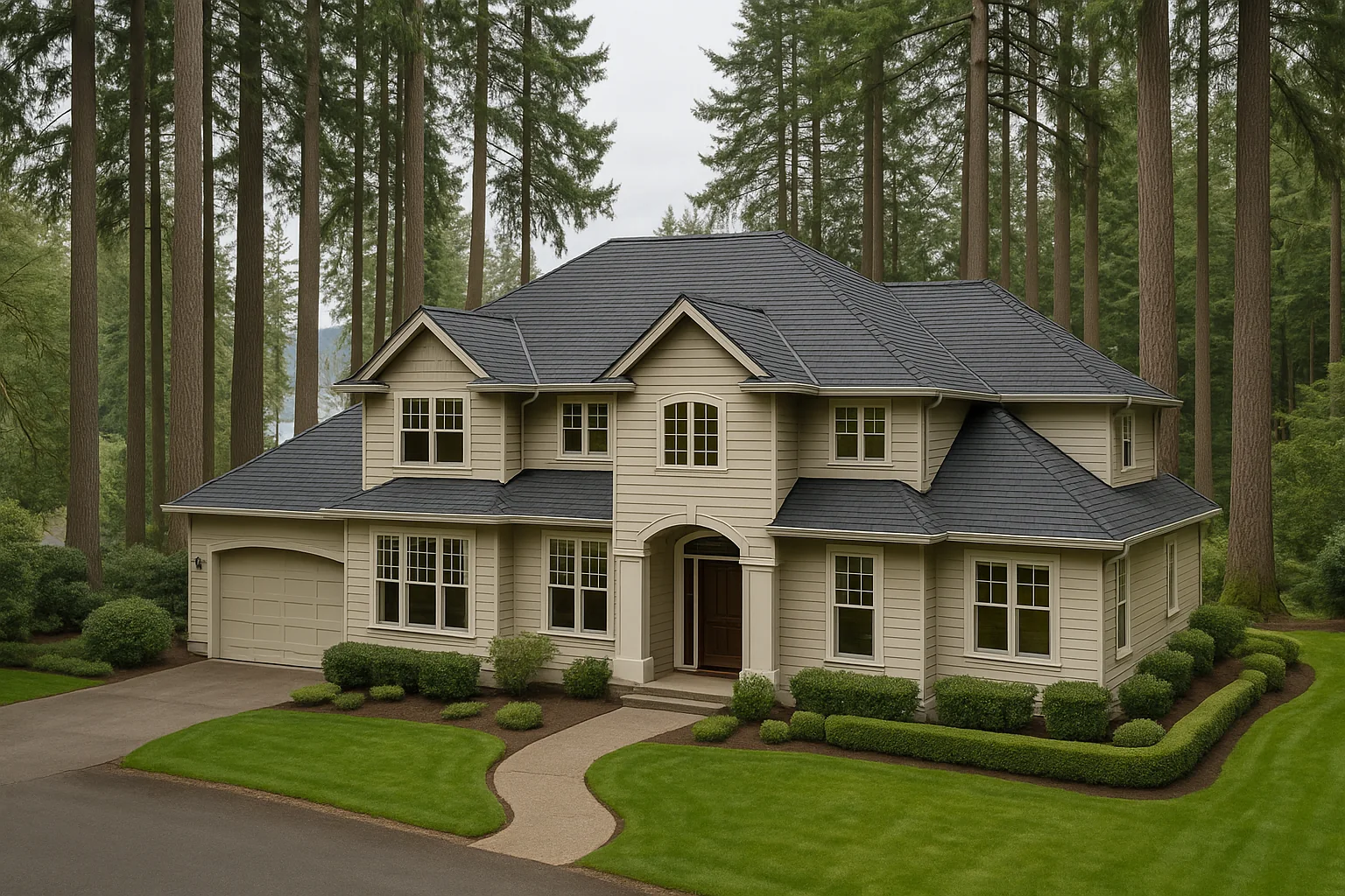 New composition roof on a refined Lake Oswego home under tall firs