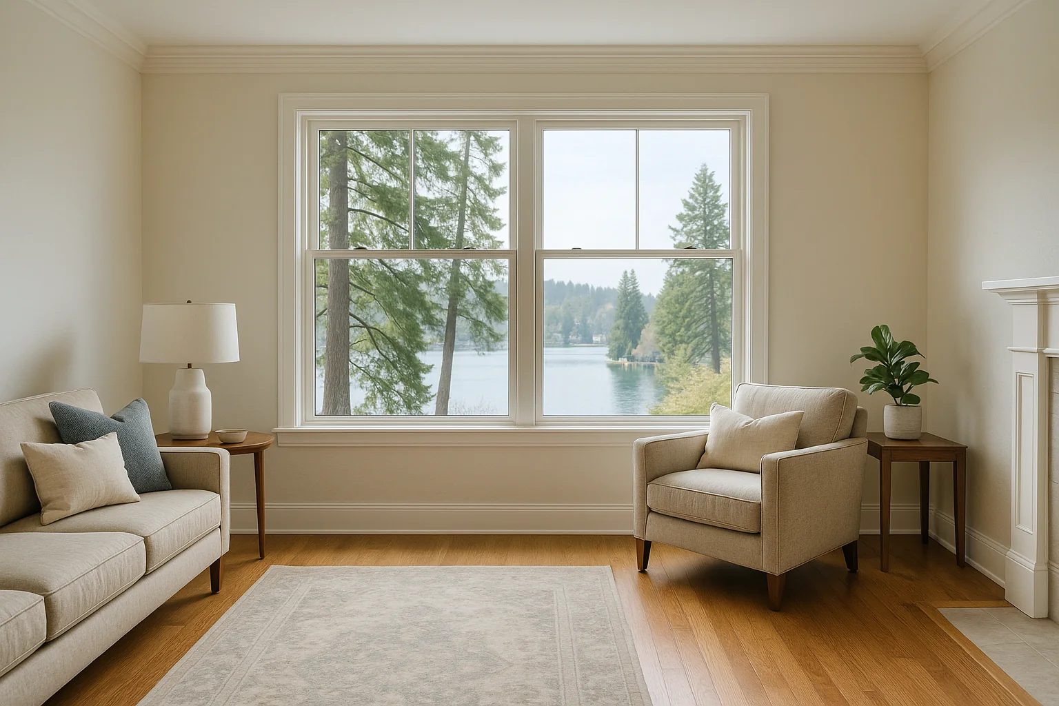 New energy-efficient windows framing a bright Lake Oswego interior